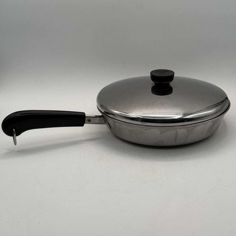 VTG REVERE WARE 9" Copper "DISC" Bottom‎ Stainless Steel Skillet W/Lid Indonesia